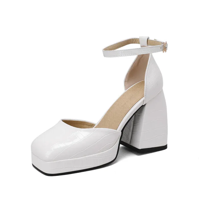 Wide Width Wedding Sandals Women's Crocodile Pattern Ankle Strap Chunky Heel Platform Sandals