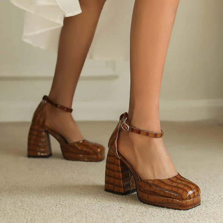 Women's Crocodile Pattern Ankle Strap Chunky Heel Platform Sandals Sandals Royal Barbados