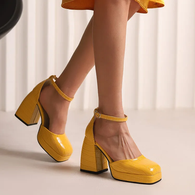 Sandals With The Strap Women's Crocodile Pattern Ankle Strap Chunky Heel Platform Sandals