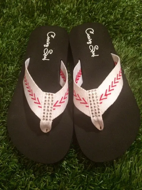Veteran Owned Flip Flops DISCONTINUED CLOSEOUT Cocomo Soul Women's Baseball Flip Flops  Rhinestone Fabric Sandals for Baseball Moms
