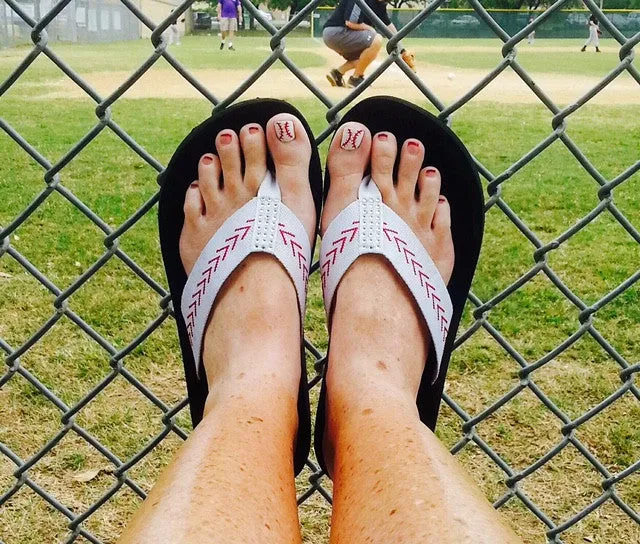 Healing Soles Flip Flops DISCONTINUED CLOSEOUT Cocomo Soul Women's Baseball Flip Flops  Rhinestone Fabric Sandals for Baseball Moms