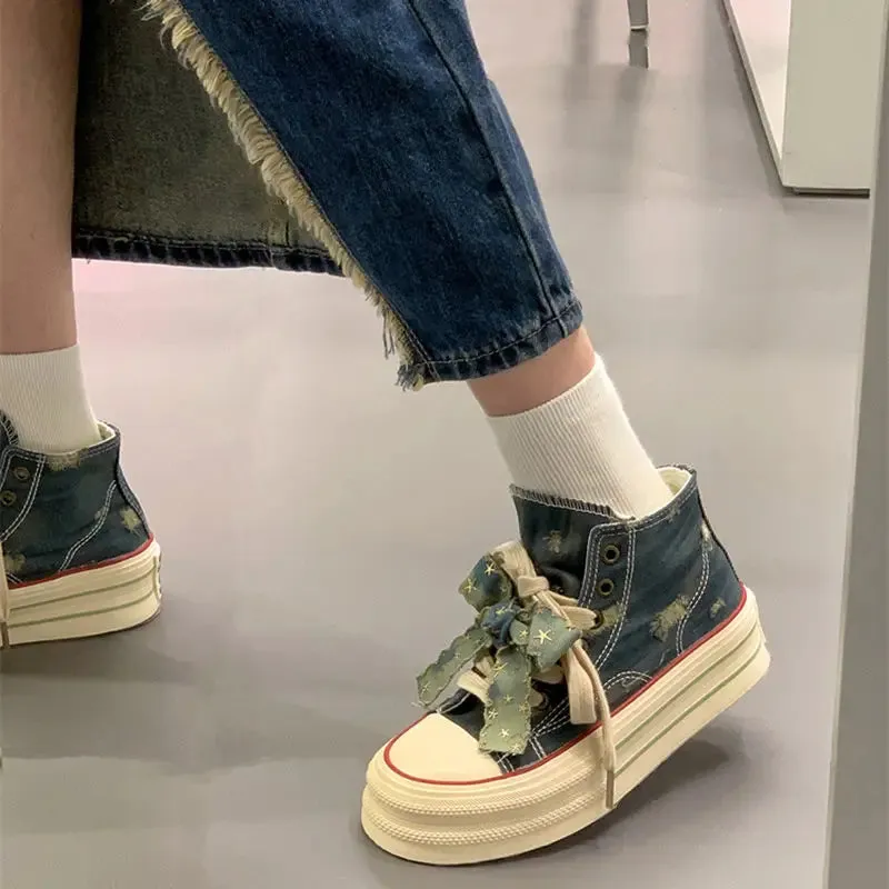 binfenxie  -  Chic Women Breathable Bow Sneakers Blue Denim Shell Shoes For Girls Thick Heel Sneakers Casual Running Platform Y2K Lolita Shoes Best Canvas Sneakers