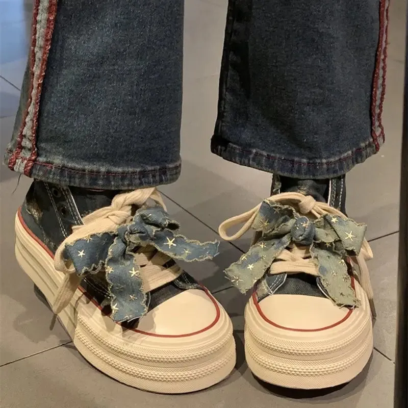 binfenxie  -  Chic Women Breathable Bow Sneakers Blue Denim Shell Shoes For Girls Thick Heel Sneakers Casual Running Platform Y2K Lolita Shoes Lace Shoes Sneakers