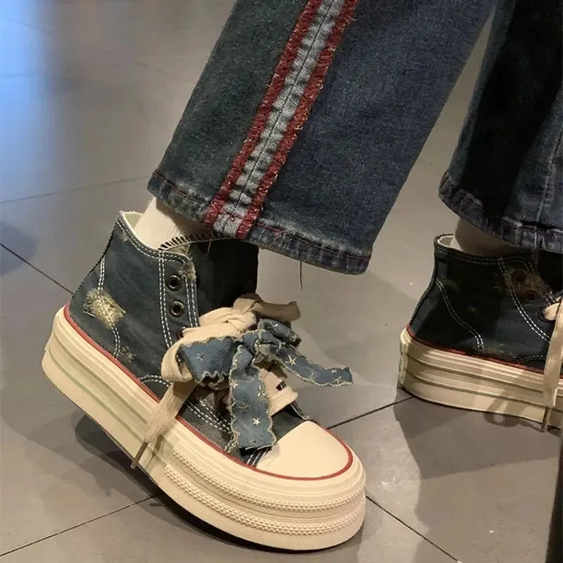 Silver Sneakers At Lifetime Fitness binfenxie  -  Chic Women Breathable Bow Sneakers Blue Denim Shell Shoes For Girls Thick Heel Sneakers Casual Running Platform Y2K Lolita Shoes