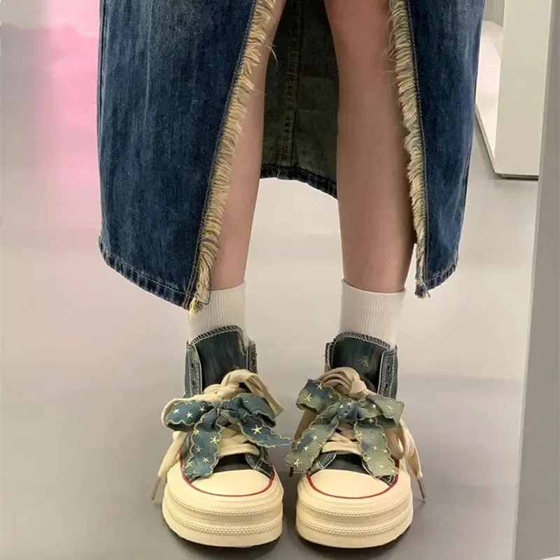 binfenxie  -  Chic Women Breathable Bow Sneakers Blue Denim Shell Shoes For Girls Thick Heel Sneakers Casual Running Platform Y2K Lolita Shoes Sell My Sneakers