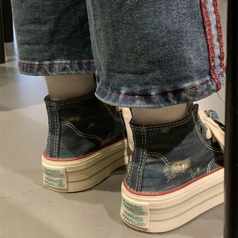 binfenxie  -  Chic Women Breathable Bow Sneakers Blue Denim Shell Shoes For Girls Thick Heel Sneakers Casual Running Platform Y2K Lolita Shoes Make Custom Sneakers Online