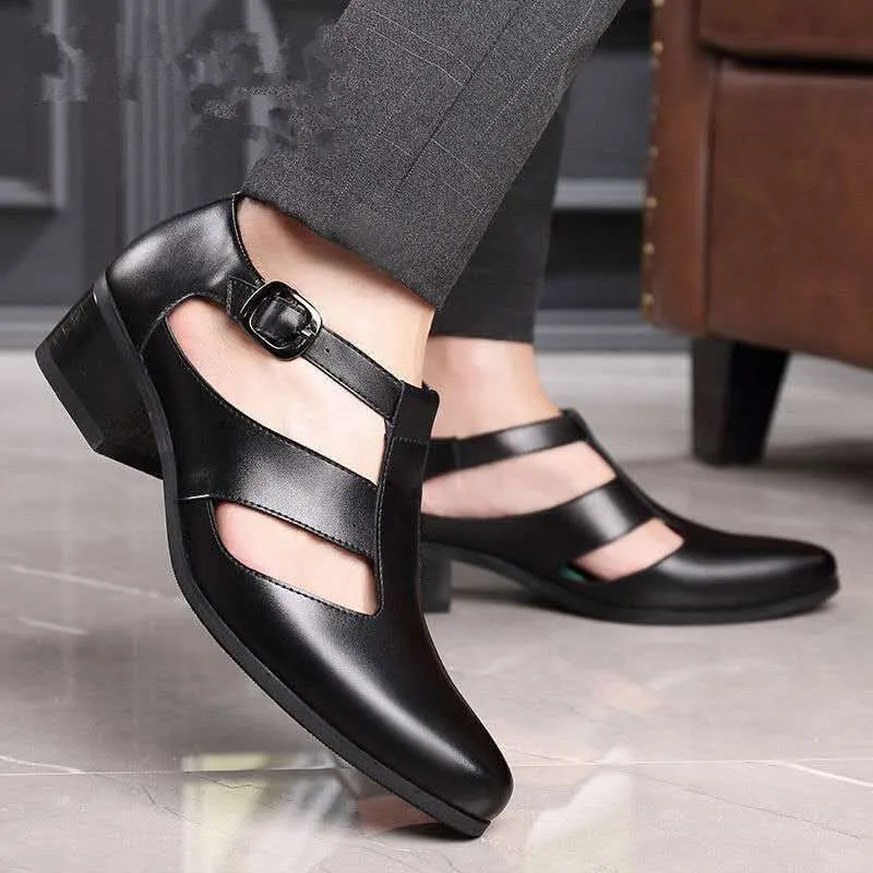 Men's Sandals New PU Leather Hollow High Heels Shoes Buckle Strap Closed Trending Sandals 2025