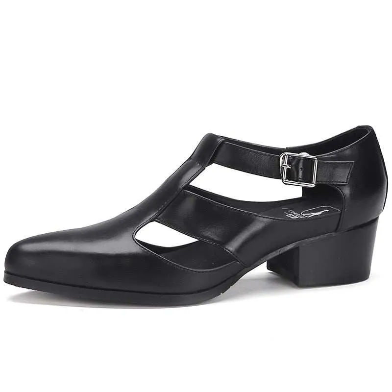 Men's Sandals New PU Leather Hollow High Heels Shoes Buckle Strap Closed Fake Sandals