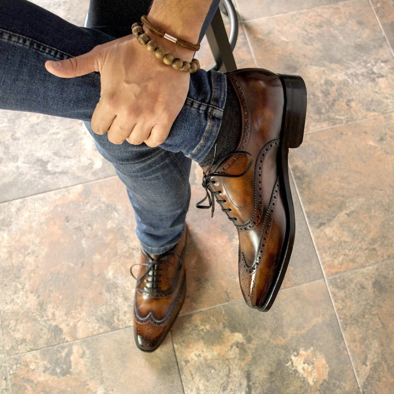 Men's Full Brogue Shoes Patina Leather Goodyear Welt Wide Plus Size Burgundy 5533 Breathable Mesh Work Boots