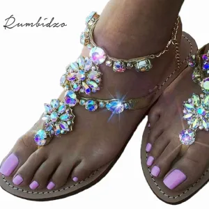 Rumbidzo 2018 New Bohemian Women Sandals Crystal Flat Heel Sandalias Rhinestone Chain Women Shoes Thong Flip Flops Zapatos Mujer Flip Flops Parts