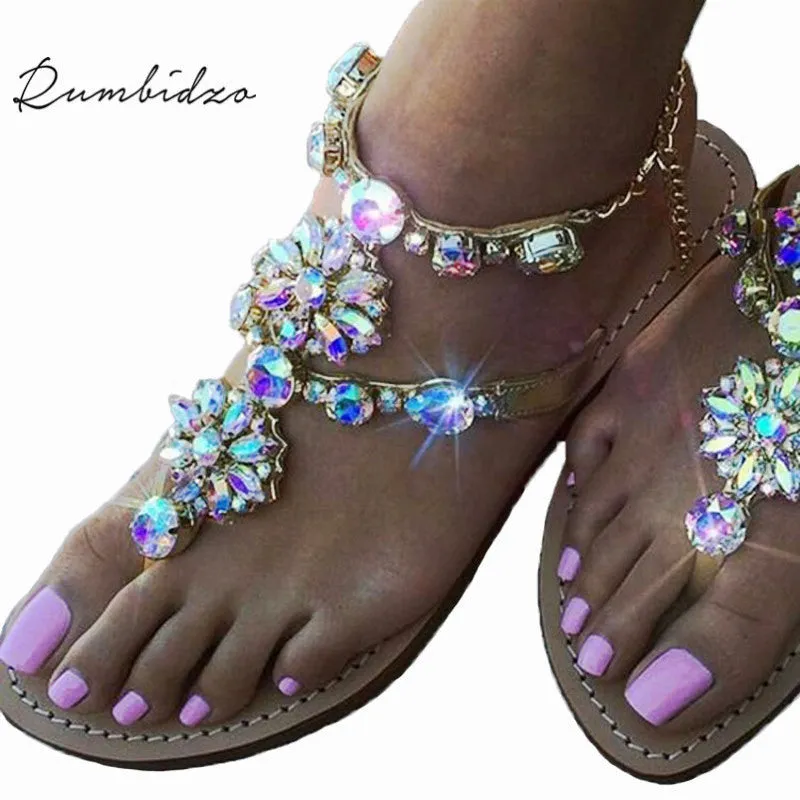 Rumbidzo 2018 New Bohemian Women Sandals Crystal Flat Heel Sandalias Rhinestone Chain Women Shoes Thong Flip Flops Zapatos Mujer Rainbow Flip Flops Double Layer