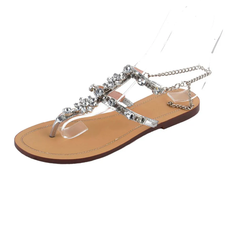 Rumbidzo 2018 New Bohemian Women Sandals Crystal Flat Heel Sandalias Rhinestone Chain Women Shoes Thong Flip Flops Zapatos Mujer Flip Flops With Ankle Support