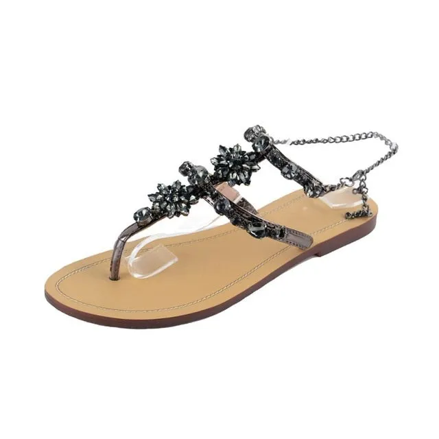 Rumbidzo 2018 New Bohemian Women Sandals Crystal Flat Heel Sandalias Rhinestone Chain Women Shoes Thong Flip Flops Zapatos Mujer Slip On Flip Flops