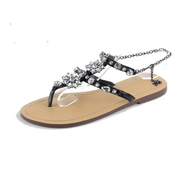 Rumbidzo 2018 New Bohemian Women Sandals Crystal Flat Heel Sandalias Rhinestone Chain Women Shoes Thong Flip Flops Zapatos Mujer Flip Flops With Ankle Straps