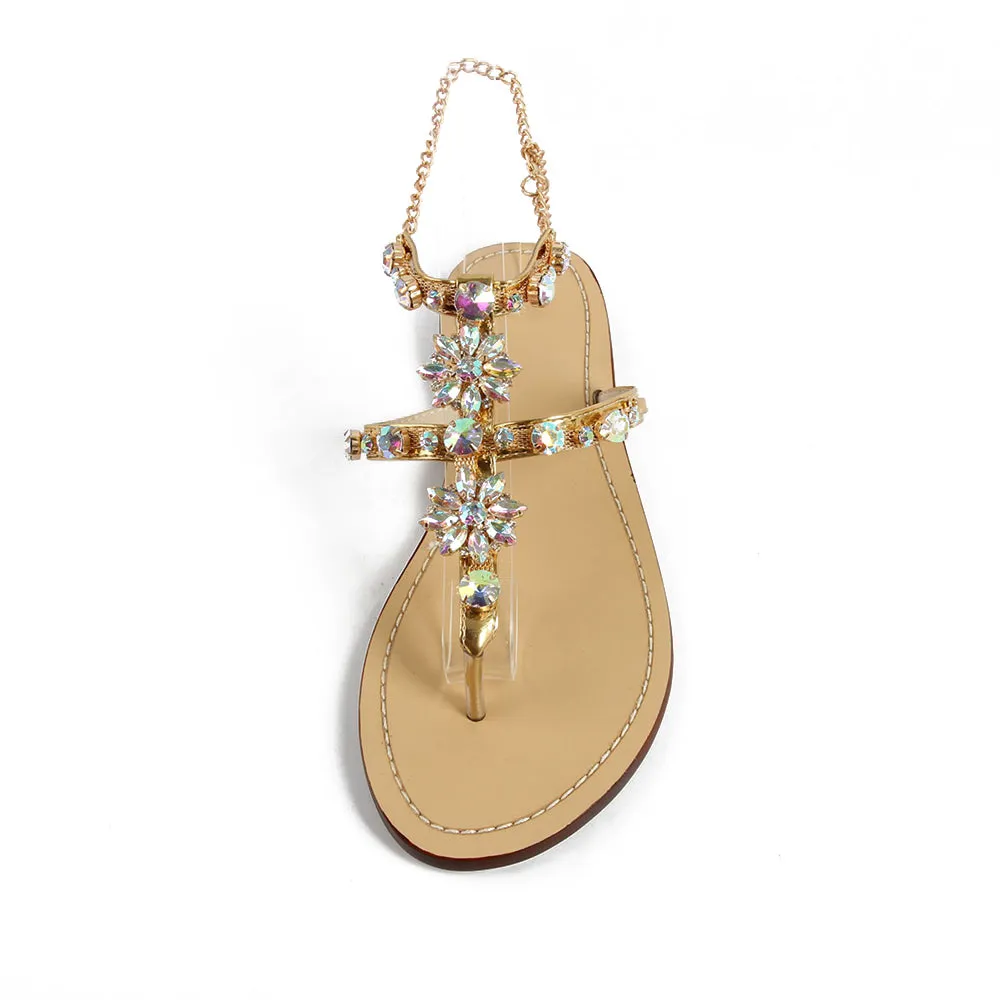 Reflexology Massage Flip Flops Rumbidzo 2018 New Bohemian Women Sandals Crystal Flat Heel Sandalias Rhinestone Chain Women Shoes Thong Flip Flops Zapatos Mujer