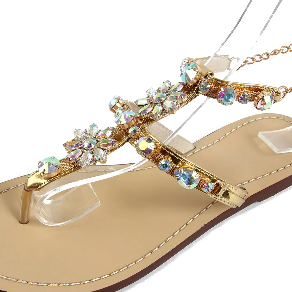 In House Flip Flops Rumbidzo 2018 New Bohemian Women Sandals Crystal Flat Heel Sandalias Rhinestone Chain Women Shoes Thong Flip Flops Zapatos Mujer
