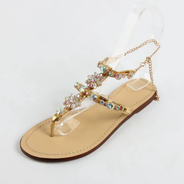 Rumbidzo 2018 New Bohemian Women Sandals Crystal Flat Heel Sandalias Rhinestone Chain Women Shoes Thong Flip Flops Zapatos Mujer Jl Flip Flops