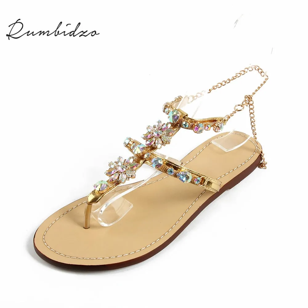 Rumbidzo 2018 New Bohemian Women Sandals Crystal Flat Heel Sandalias Rhinestone Chain Women Shoes Thong Flip Flops Zapatos Mujer Crocband Flip Flops