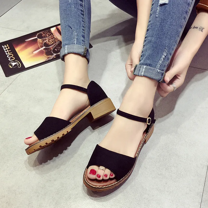 Sandals - One-Button Buckle Sandals Leather