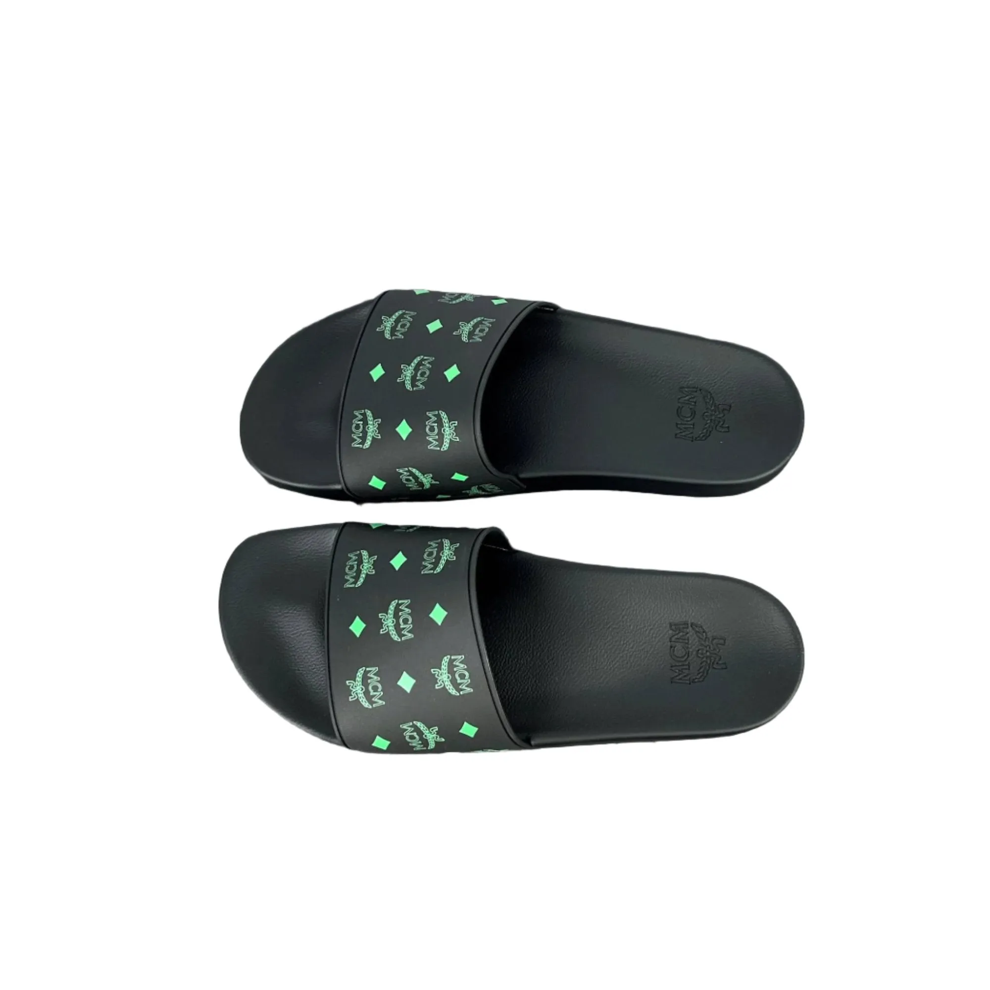 MCM Men's Black/Green Monogram Print Rubber Slides Tie Sandals