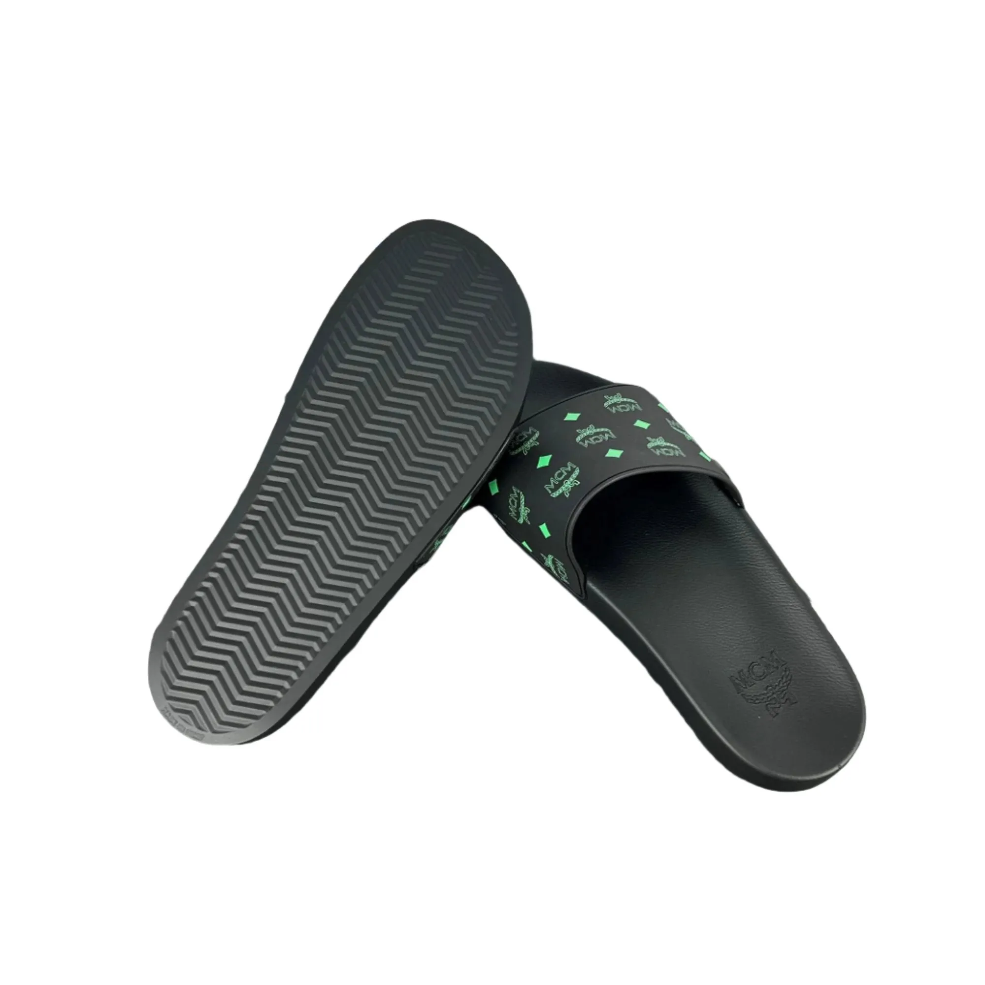 Home Sandals MCM Men's Black/Green Monogram Print Rubber Slides
