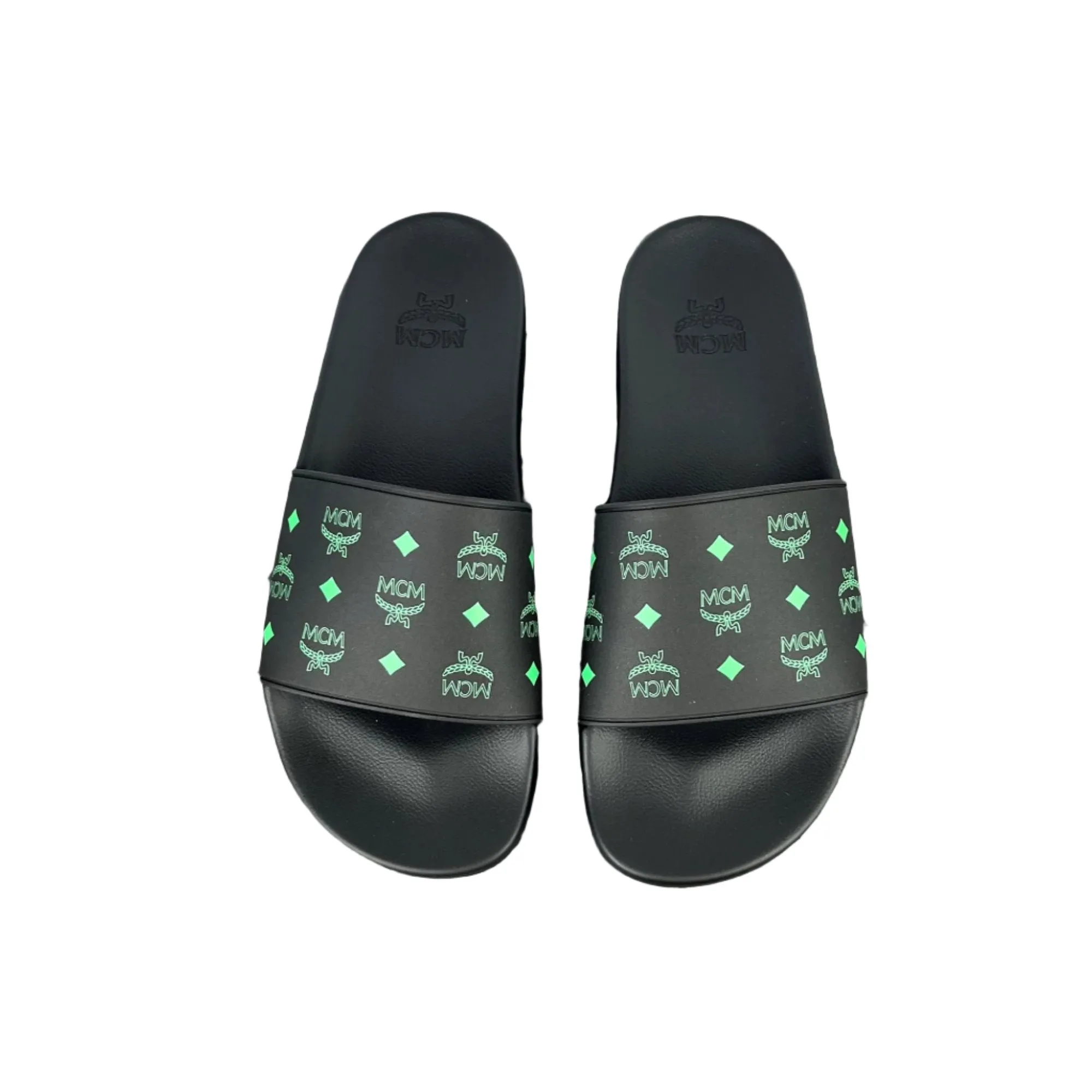 MCM Men's Black/Green Monogram Print Rubber Slides Sandals Pattern