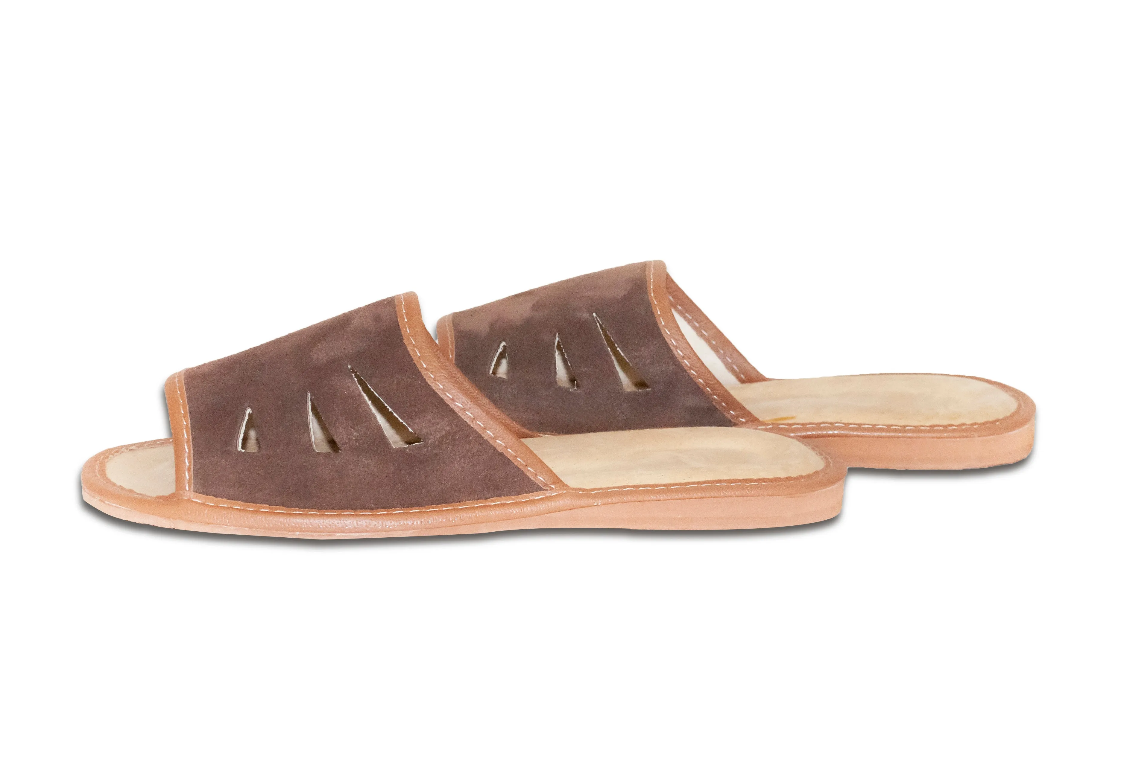 Dark Brown Leather Open Toe Slippers | K-283 Cinnamon Roll Slippers