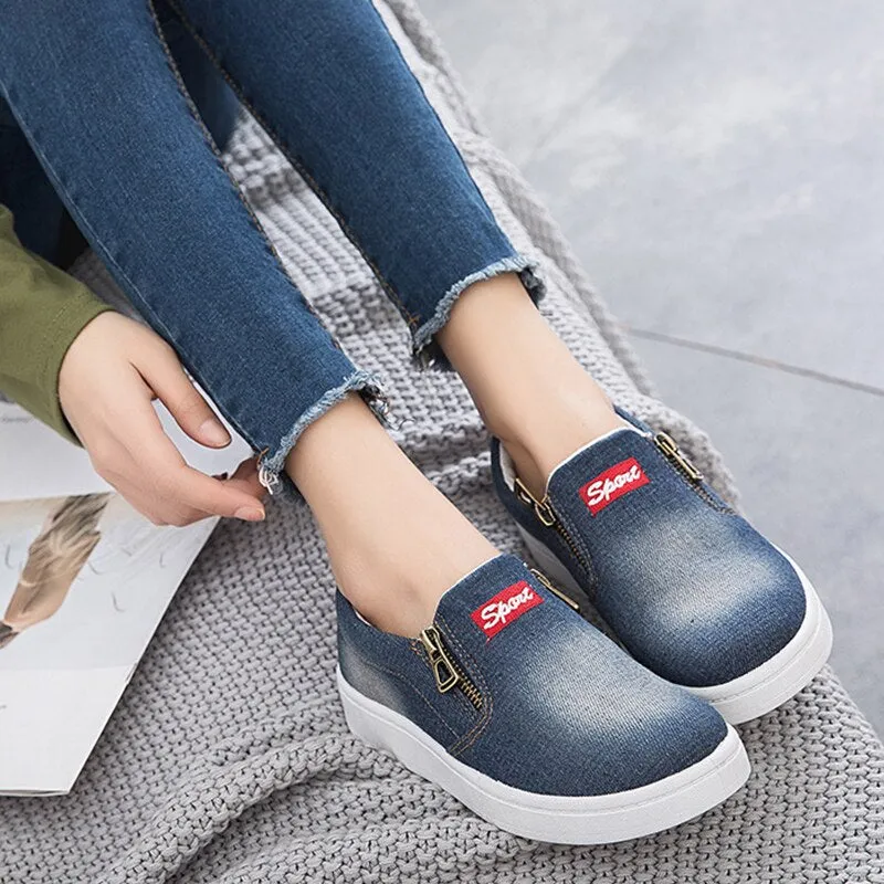 Flat shoes women Canvas shoes Plus size 35-44 Denim shoes women Platform Fashion Zipper Sneakers women Loafers women 2020 New Comfortable Dress Loafers