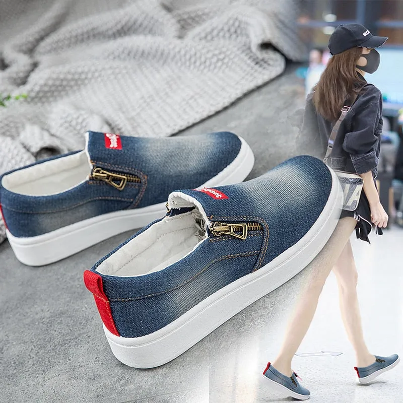 Flat shoes women Canvas shoes Plus size 35-44 Denim shoes women Platform Fashion Zipper Sneakers women Loafers women 2020 New Riomar Loafers