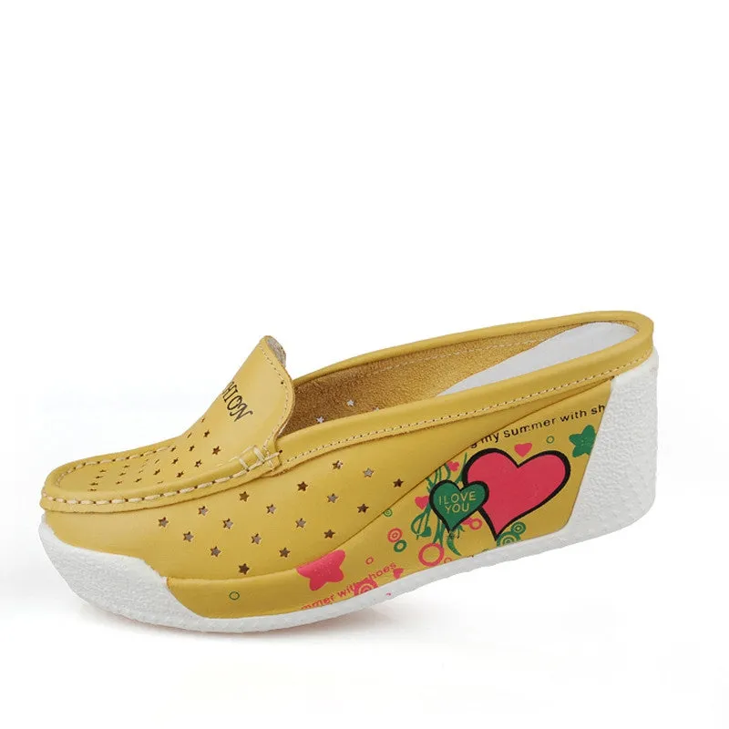 Women wedges sandals cut out genuine leather women's platform sandals pattern color block slippers fashion summer shoes Leather House Slippers