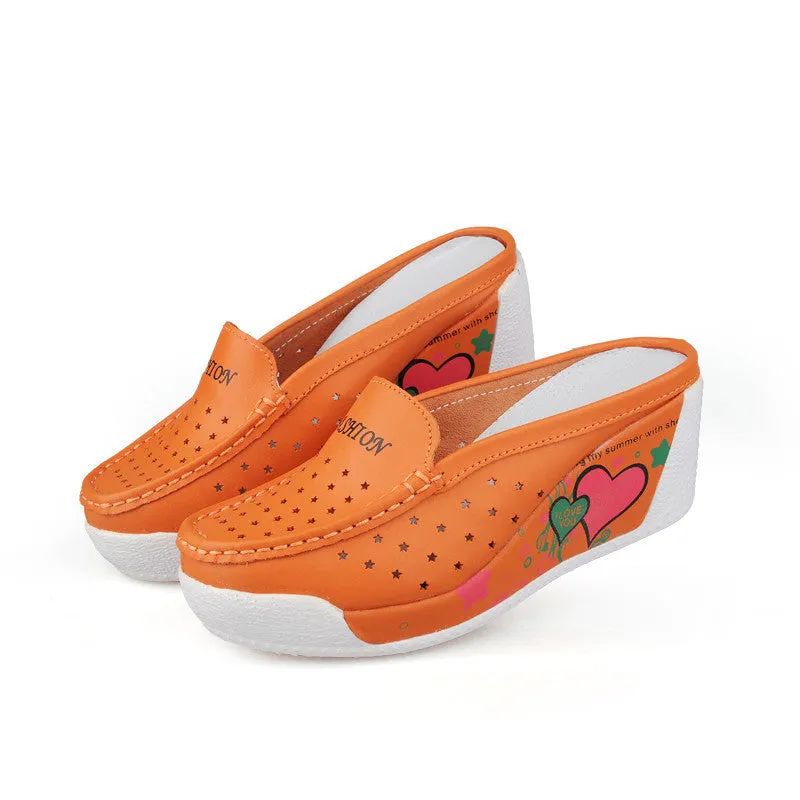 Women wedges sandals cut out genuine leather women's platform sandals pattern color block slippers fashion summer shoes Great House Slippers
