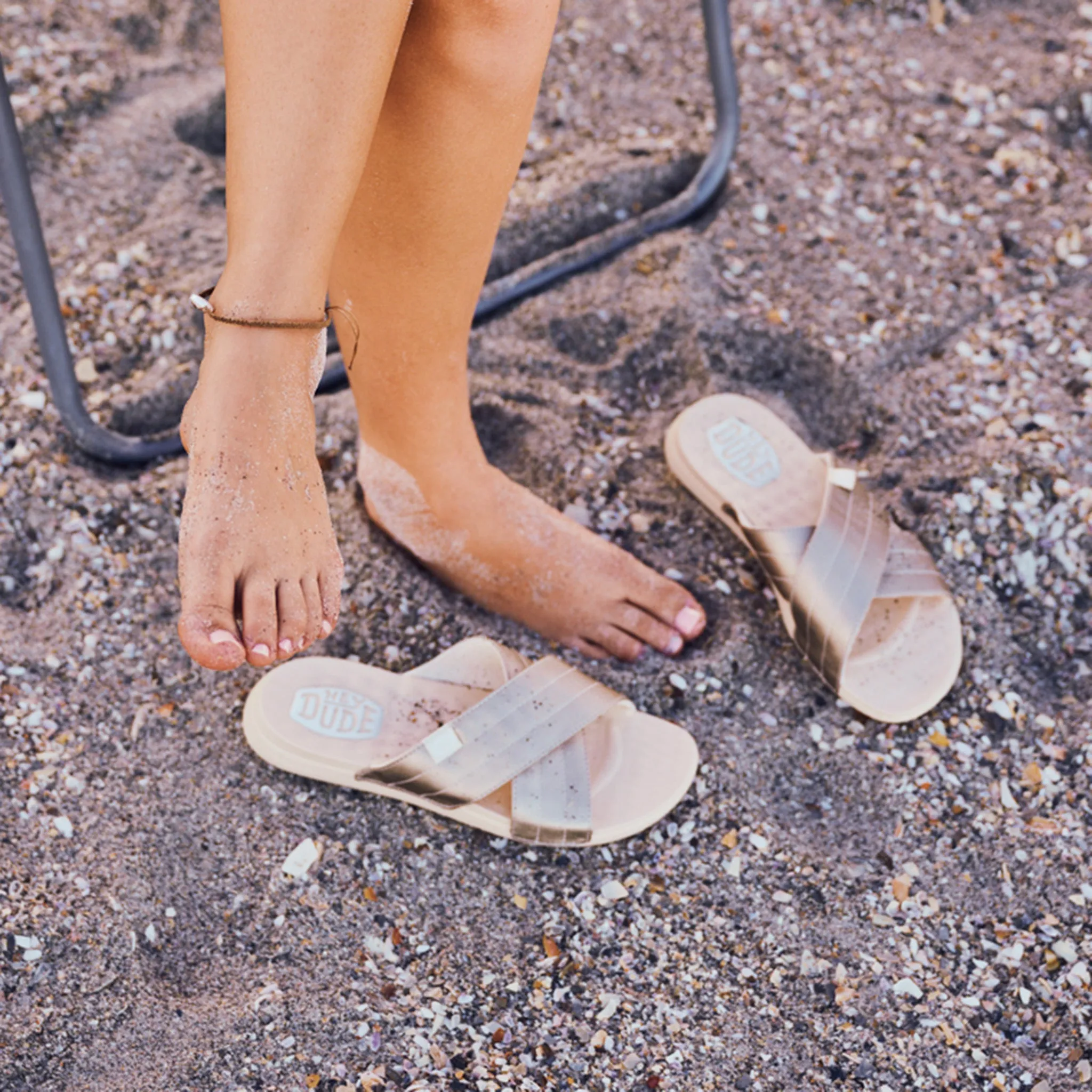 Hey Dude Women's Christi Slide Distressed Metallic Slip On Buckle Sandals