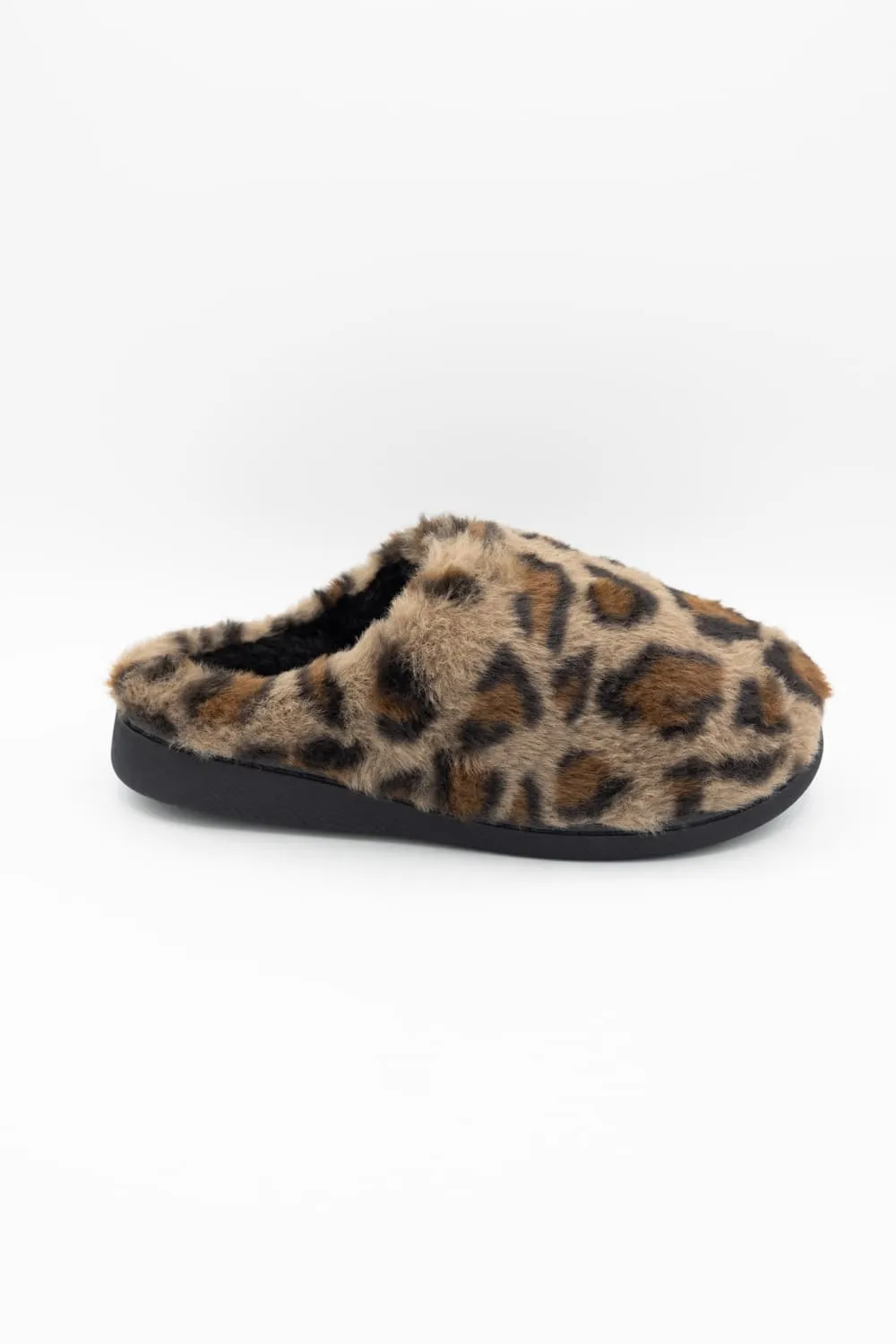 Slippers With Velcro Strap MIA Cozi Leopard Fur Slippers for Women in Black/Tan | GS1412401-LEOPARD
