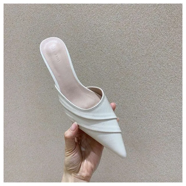 Slippers Women Pointed Toe Slides Women Low Heel Mules Thin Heel Slippers Outdoor Flip Flops  Pleated Shoes Female Sandals Flip Flops St George Island
