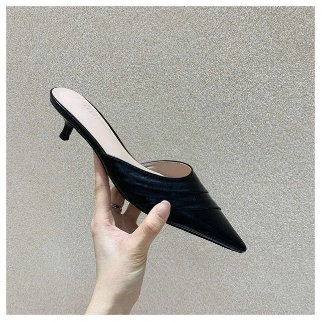 Slippers Women Pointed Toe Slides Women Low Heel Mules Thin Heel Slippers Outdoor Flip Flops  Pleated Shoes Female Sandals Teak Flip Flops