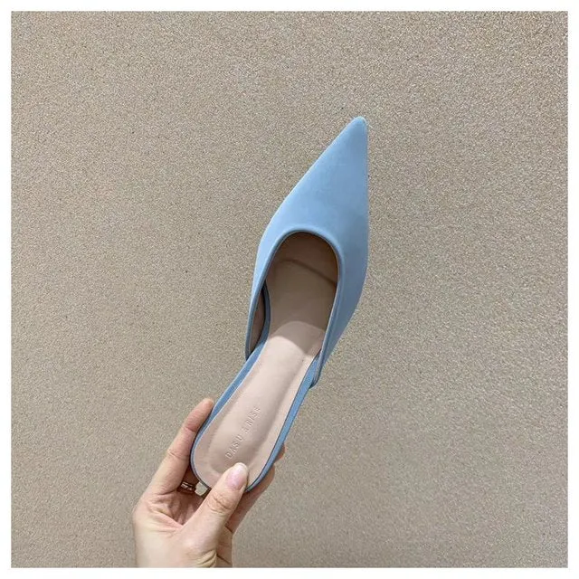 Slippers Women Pointed Toe Slides Women Low Heel Mules Thin Heel Slippers Outdoor Flip Flops  Pleated Shoes Female Sandals Flip Flops With Straps