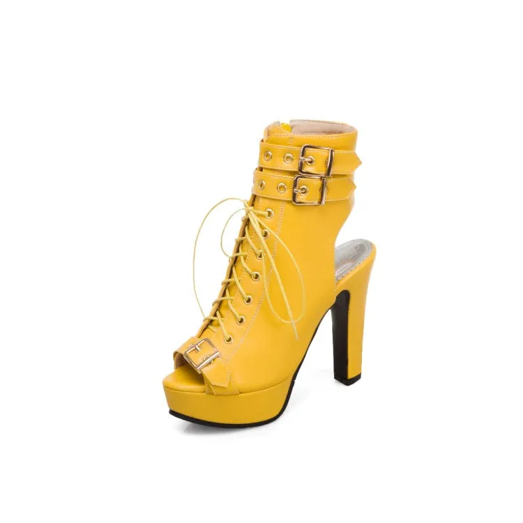 Women's Peep Toe Buckle Lace-Up Chunky Heel Platform Sandals Sandals Kiyko