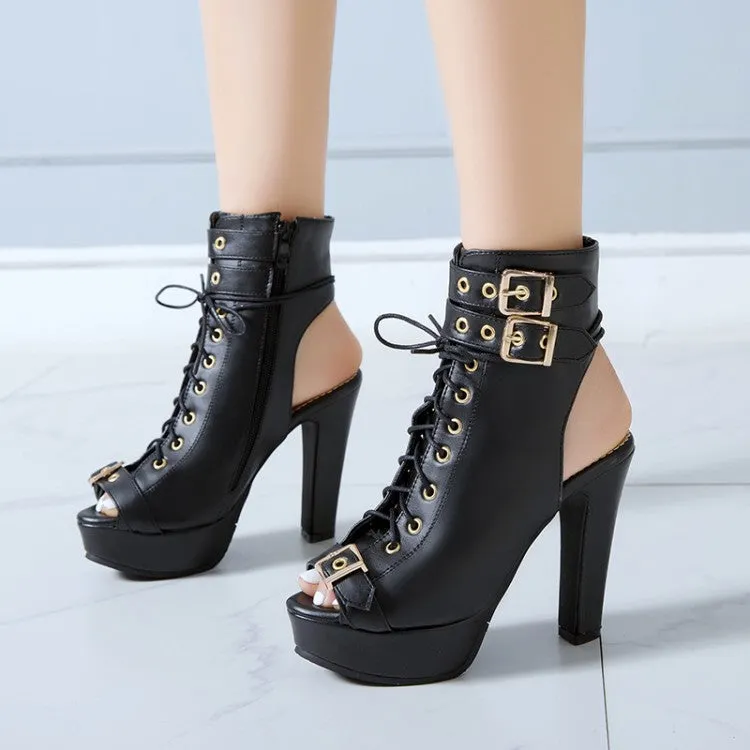 Women's Peep Toe Buckle Lace-Up Chunky Heel Platform Sandals Steve Madden Platform Sandals