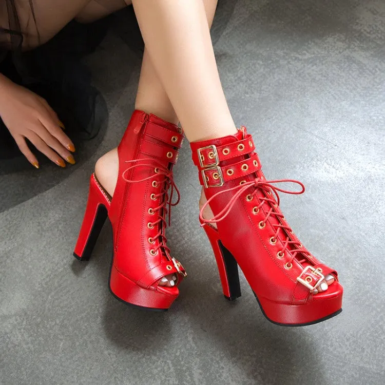 Women's Peep Toe Buckle Lace-Up Chunky Heel Platform Sandals Comfortable And Cute Sandals