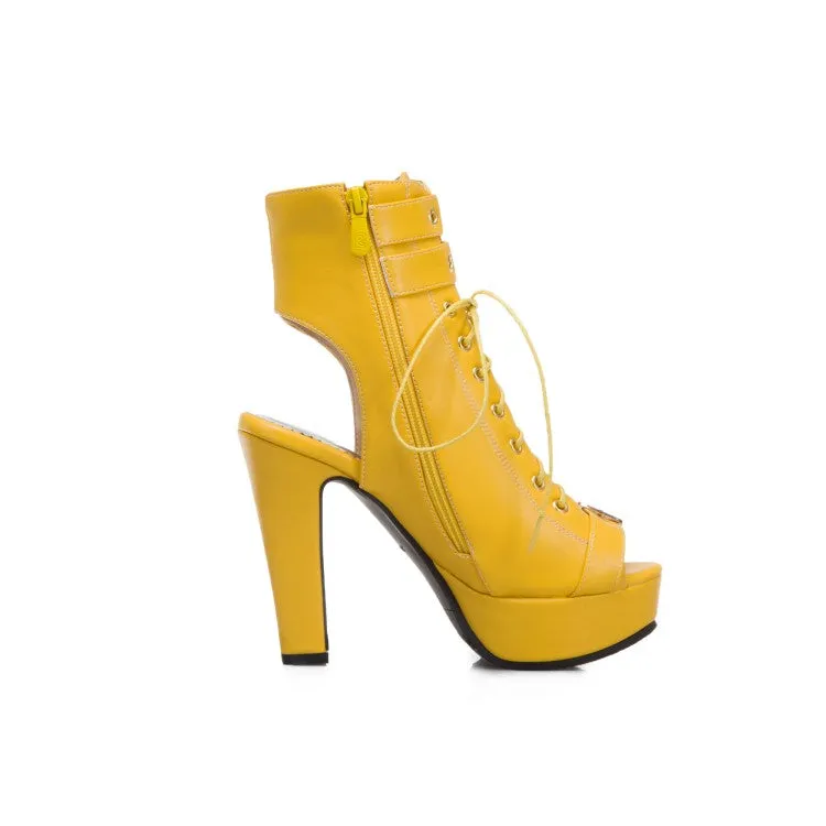 Platform Strap Sandals Women's Peep Toe Buckle Lace-Up Chunky Heel Platform Sandals