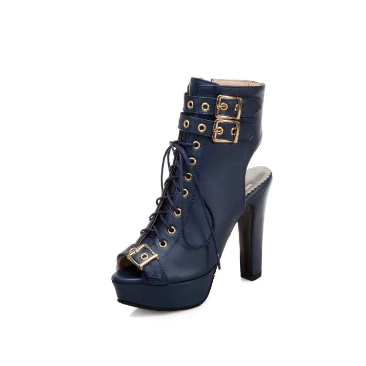 Benassi Slide Sandals Women's Peep Toe Buckle Lace-Up Chunky Heel Platform Sandals