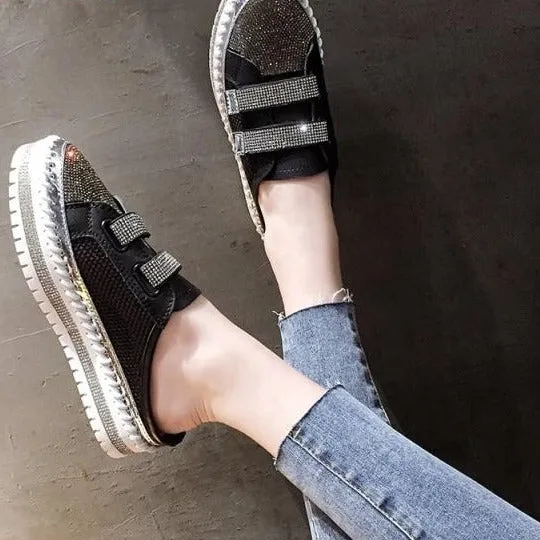 Canvas Loafers Crystals Round Toe Leather Flats Shoes Women Silver Bling Loafers Couple Platform Shoes Woman Flat With Students Size 43