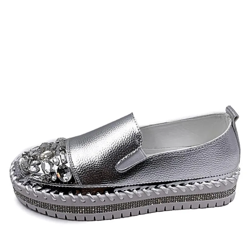 Crystals Round Toe Leather Flats Shoes Women Silver Bling Loafers Couple Platform Shoes Woman Flat With Students Size 43 Indian Loafers