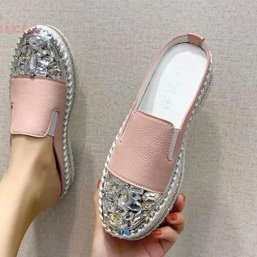 Crystals Round Toe Leather Flats Shoes Women Silver Bling Loafers Couple Platform Shoes Woman Flat With Students Size 43 Loro Piana Venice Walk Loafers