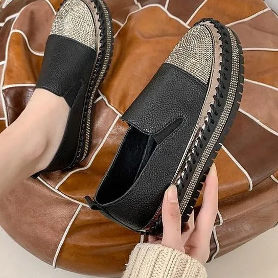 Crystals Round Toe Leather Flats Shoes Women Silver Bling Loafers Couple Platform Shoes Woman Flat With Students Size 43 Vintage Penny Loafers