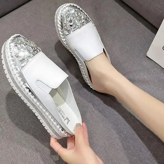 Crystals Round Toe Leather Flats Shoes Women Silver Bling Loafers Couple Platform Shoes Woman Flat With Students Size 43 Designer Heeled Loafers