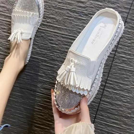 Chunky Heel Loafers Crystals Round Toe Leather Flats Shoes Women Silver Bling Loafers Couple Platform Shoes Woman Flat With Students Size 43