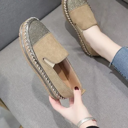 Crystals Round Toe Leather Flats Shoes Women Silver Bling Loafers Couple Platform Shoes Woman Flat With Students Size 43 Loafers With Baggy Jeans
