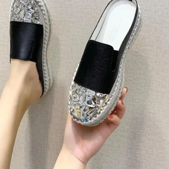 Loafers Sole Crystals Round Toe Leather Flats Shoes Women Silver Bling Loafers Couple Platform Shoes Woman Flat With Students Size 43