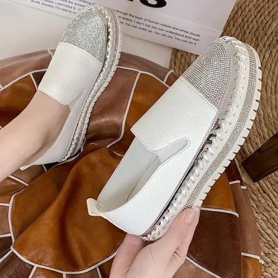 Crystals Round Toe Leather Flats Shoes Women Silver Bling Loafers Couple Platform Shoes Woman Flat With Students Size 43 Best Loafers For Walking